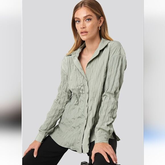 ZARA Creased Wrinkle Effect Silky Pale Green Button Up Long Sleeve Top Large - Picture 1 of 6